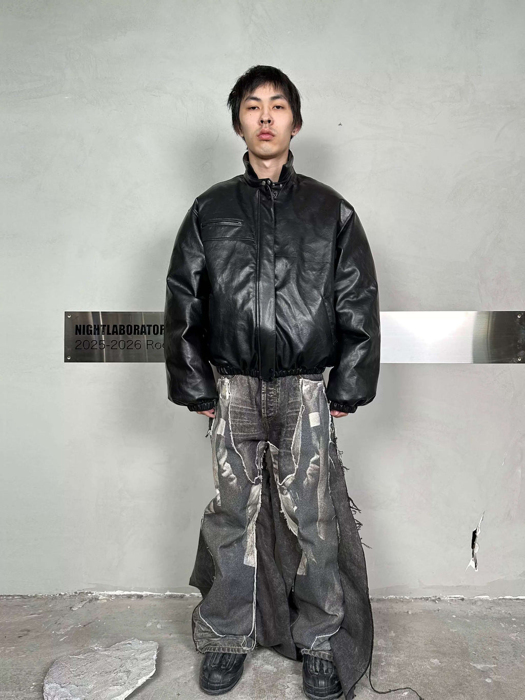 Night Lab Military 5 Painted PU Leather Puffer Bomber Jacket