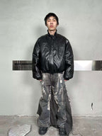 Night Lab Military 5 Painted PU Leather Puffer Bomber Jacket