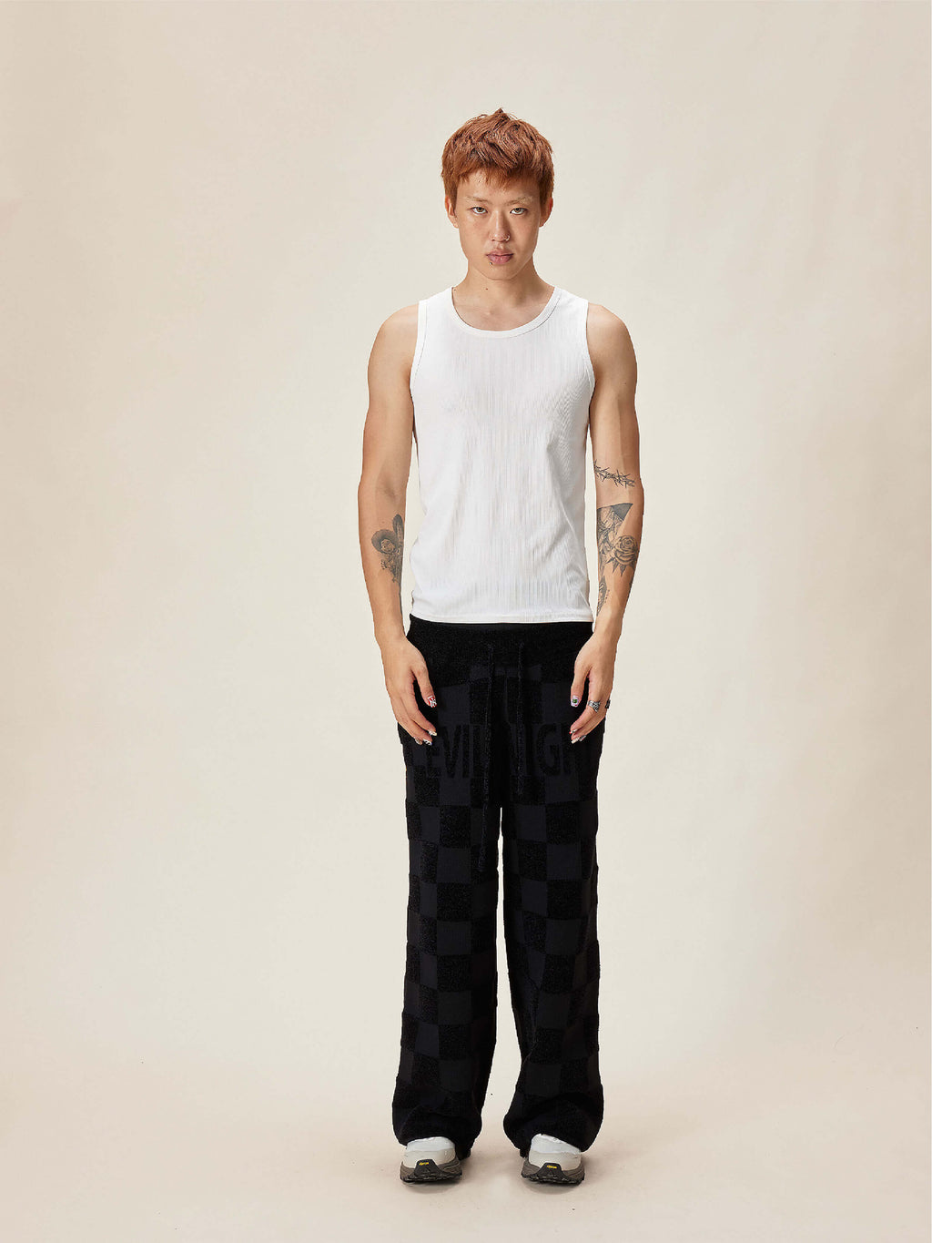 EVILKNIGHT(EK) Jacquard Logo Plaid Knit Pants