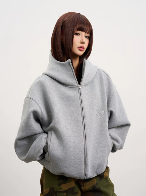 AFGK Air Layer High Collar Embroidered Oversized Zip-Up Hoodie