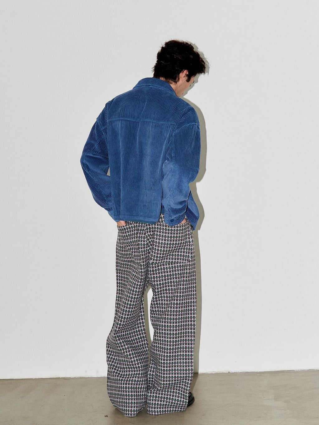 LIBERAFIT Wool Tweed Grid Pattern Pleated Baggy Trousers