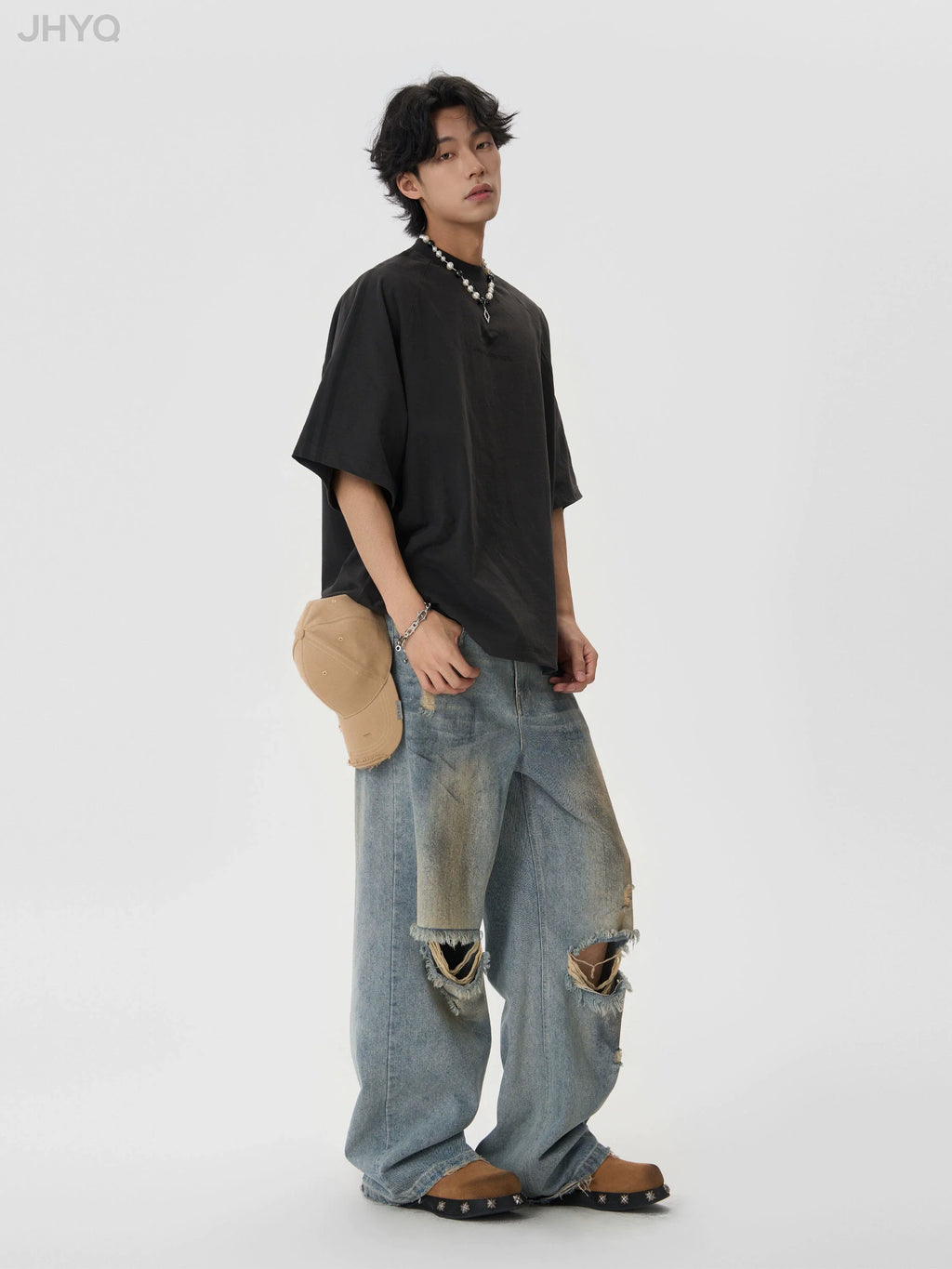 JHYQ Washed Holes Old Dirty Dyed Baggy Jeans