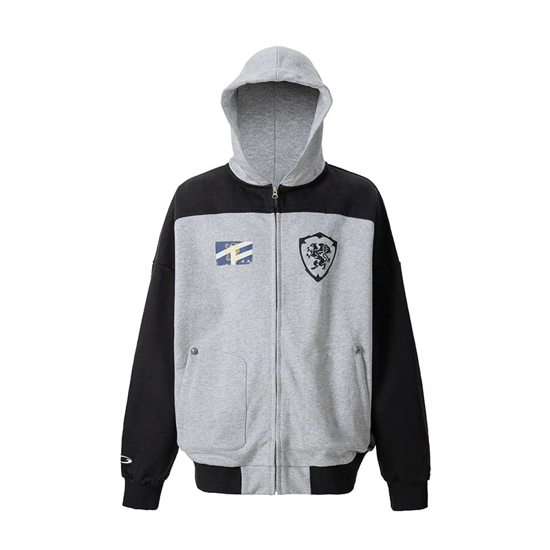 F2CE Color Block Vintage Print Zip Up Hoodie
