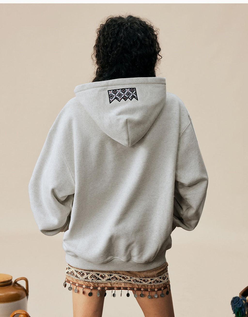 MEDM Ethnic Embroidered Patch Pearl Oversized Hoodie