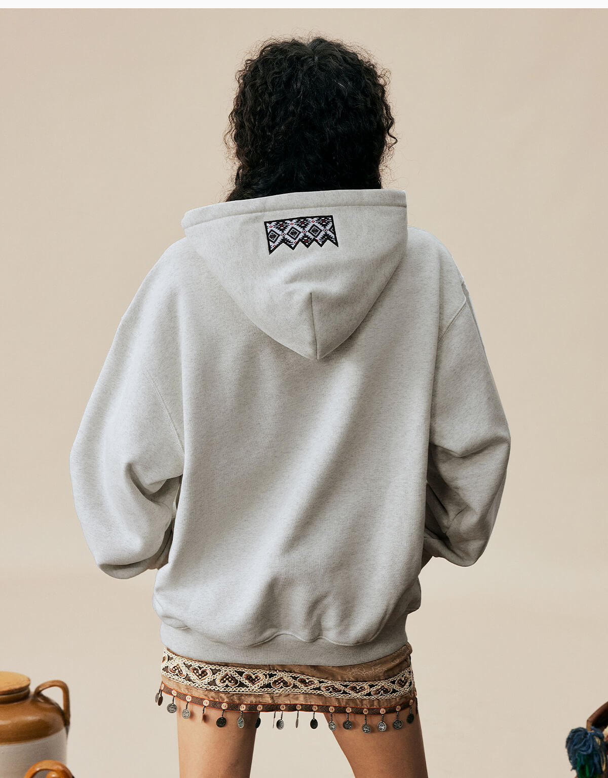 MEDM Ethnic Embroidered Patch Pearl Oversized Hoodie