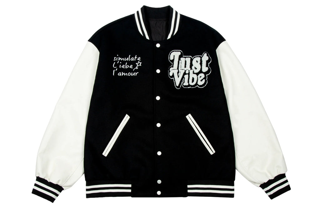 JUST VIBE Terry Embroidered Bone Logo Varsity Jacket