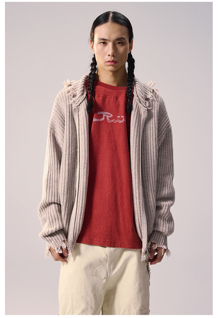 Remedy Distressed Hooded Zipper Knit Cardigan