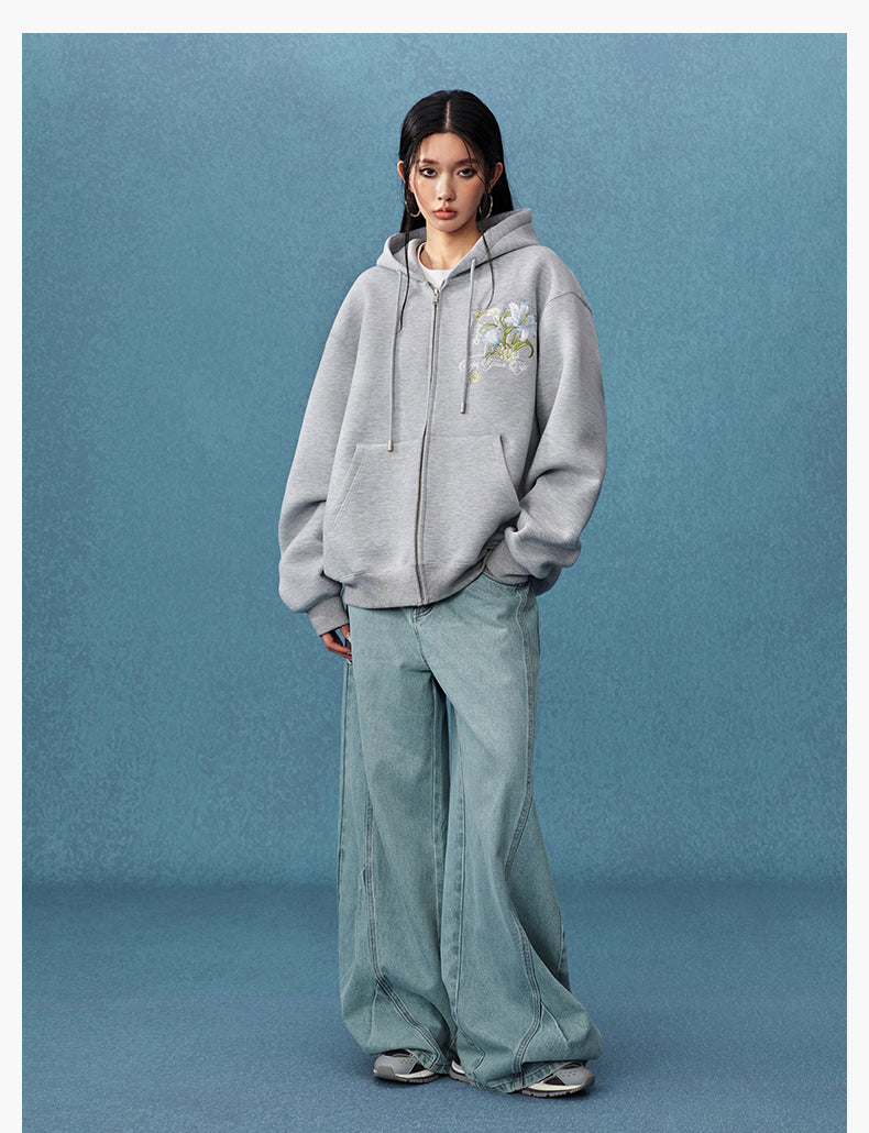 MEDM Floral Embroidery Air Layer Zip-Up Hoodie