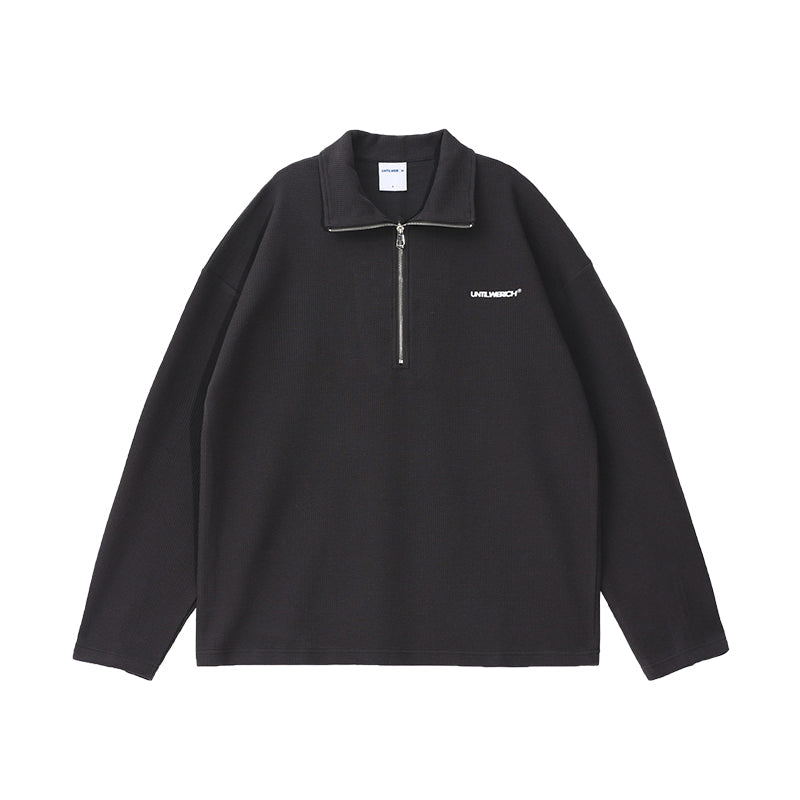 UNTILWERICH Waffle Logo Print Half Zip Long Sleeves Sweatshirt