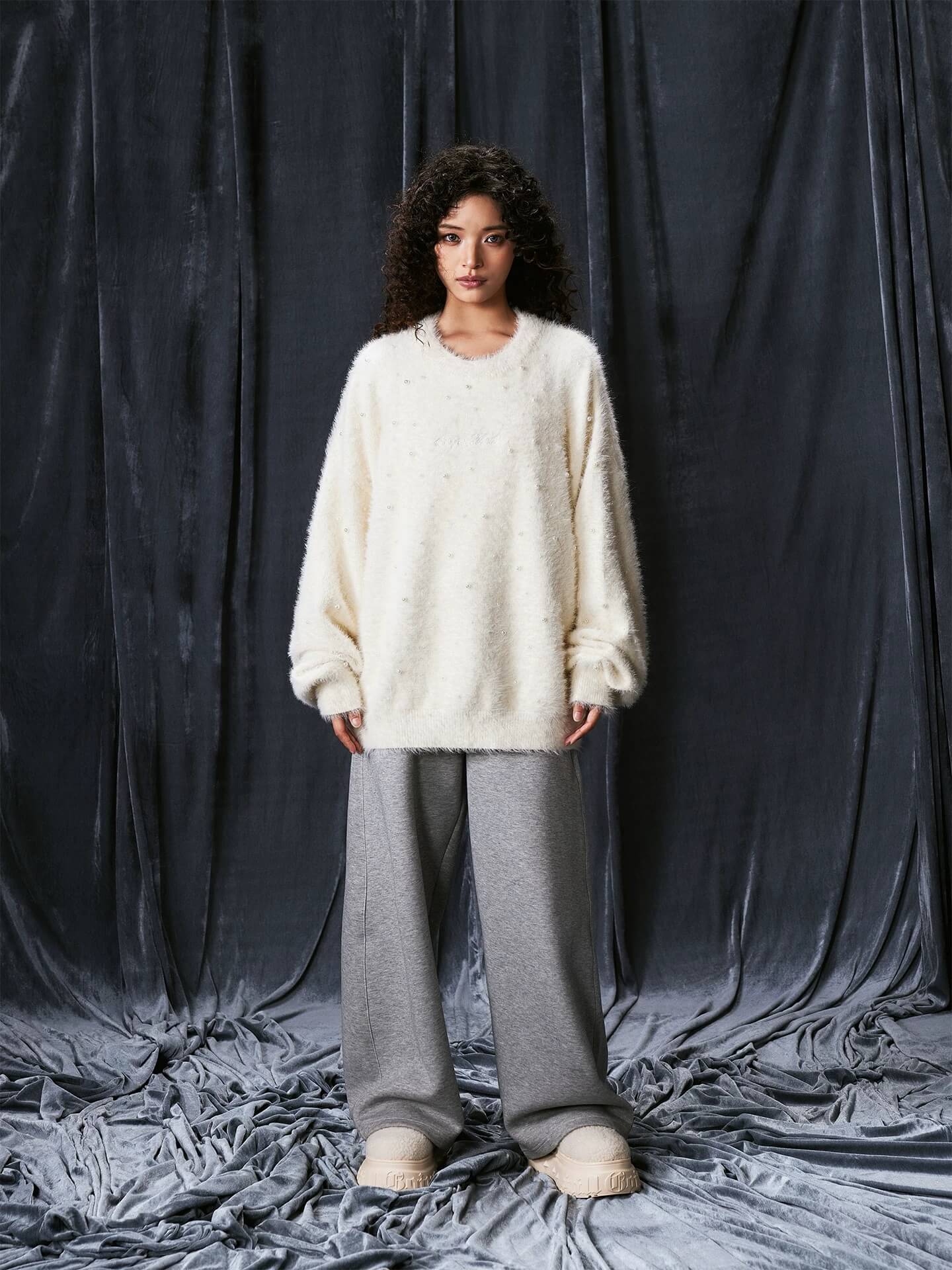 1807 ROLLTHEDICE Pearl Embellished Faux Mink Fur Knit Sweater