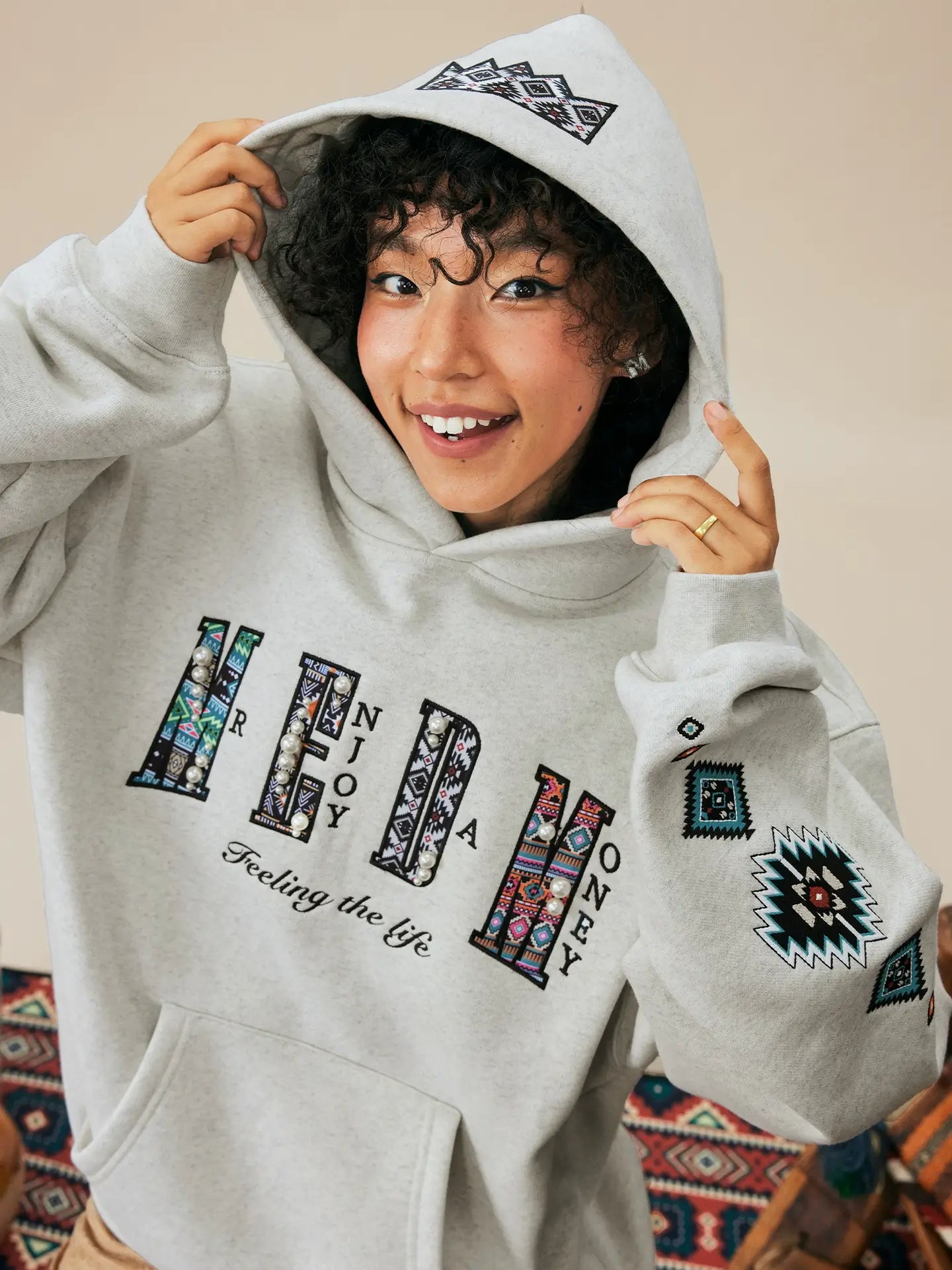 MEDM Ethnic Embroidered Patch Pearl Oversized Hoodie