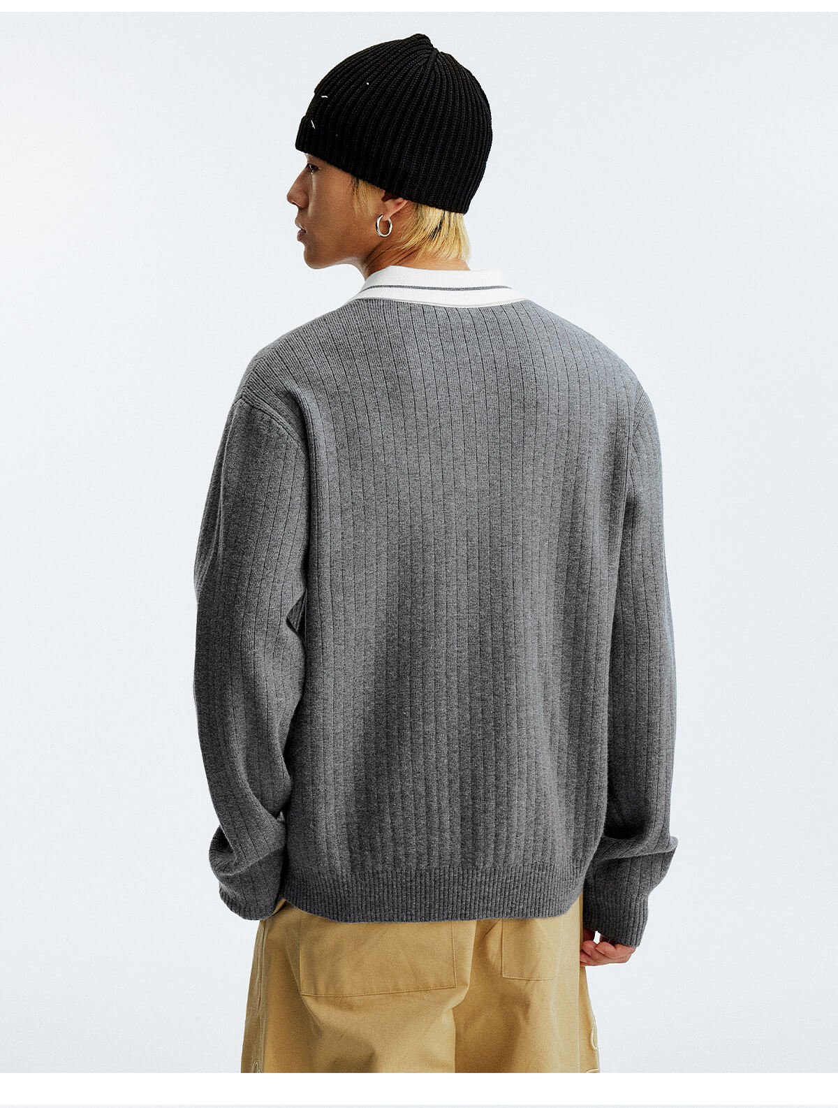 MEDM Color Blocked Long Sleeve Knit Polo Sweater