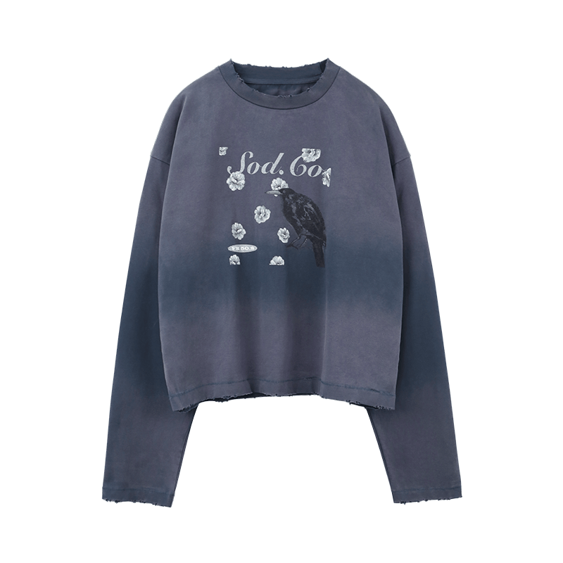 SOD Co. Raven Print Distressed Cropped Long Sleeve Tee
