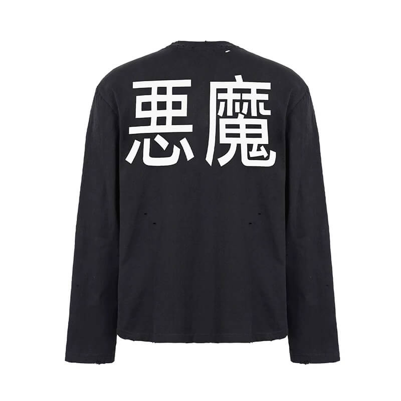 UNDERWATER Black Demon Print Distressed Long Sleeve Tee
