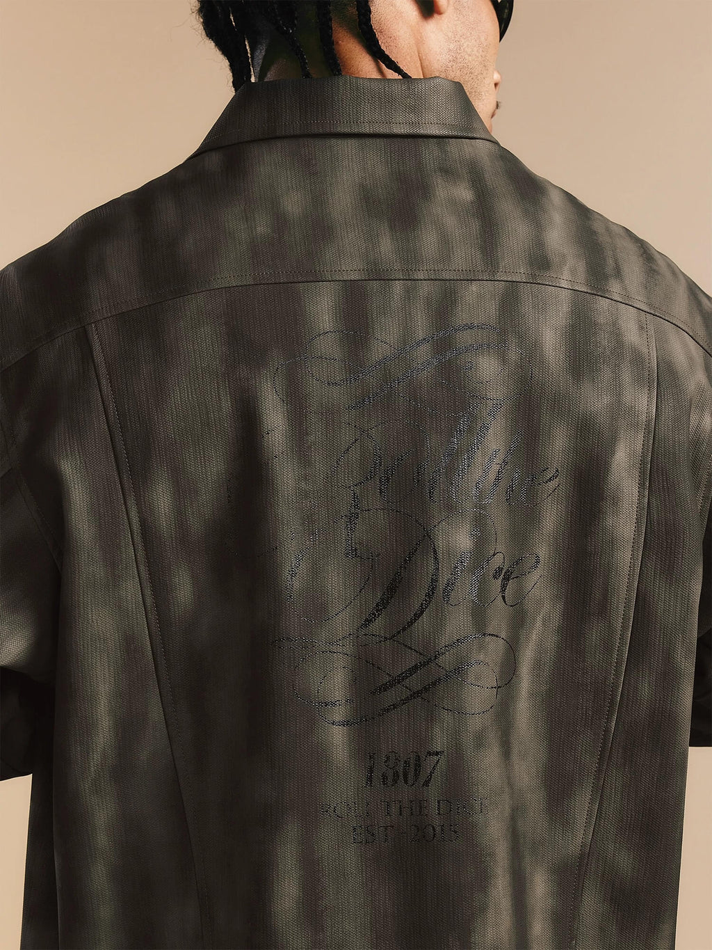 1807 ROLLTHEDICE Cat Eye Stone Embellished PU Leather Jacket