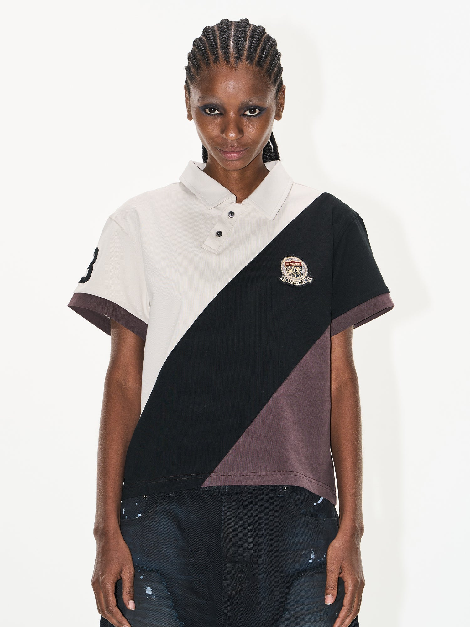 BLIND NO PLAN Three-Color Diagonal Patchwork Polo