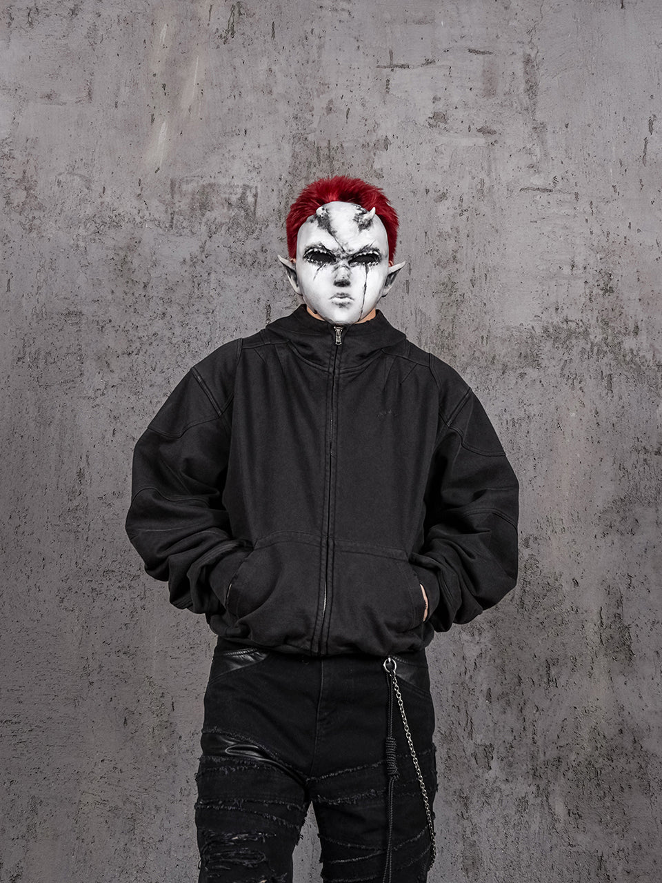UNDERWATER Aged Silhouette Shirred Biker Armor Zip-Up Hoodie