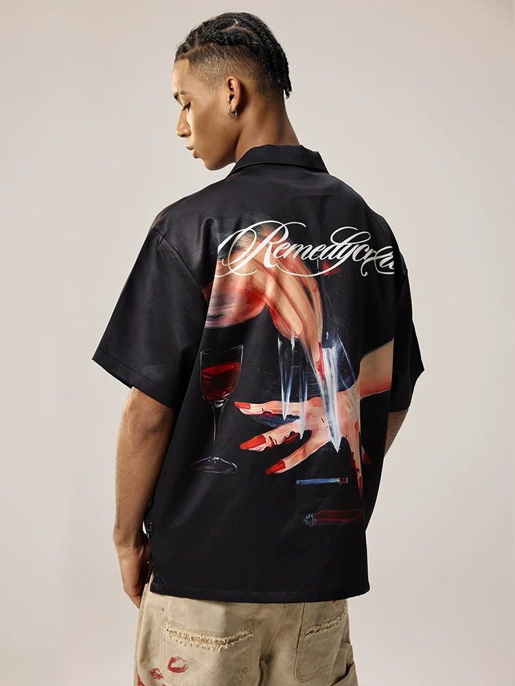Remedy Finger and Wine Glass Full Print Short Sleeve Cuban Shirt