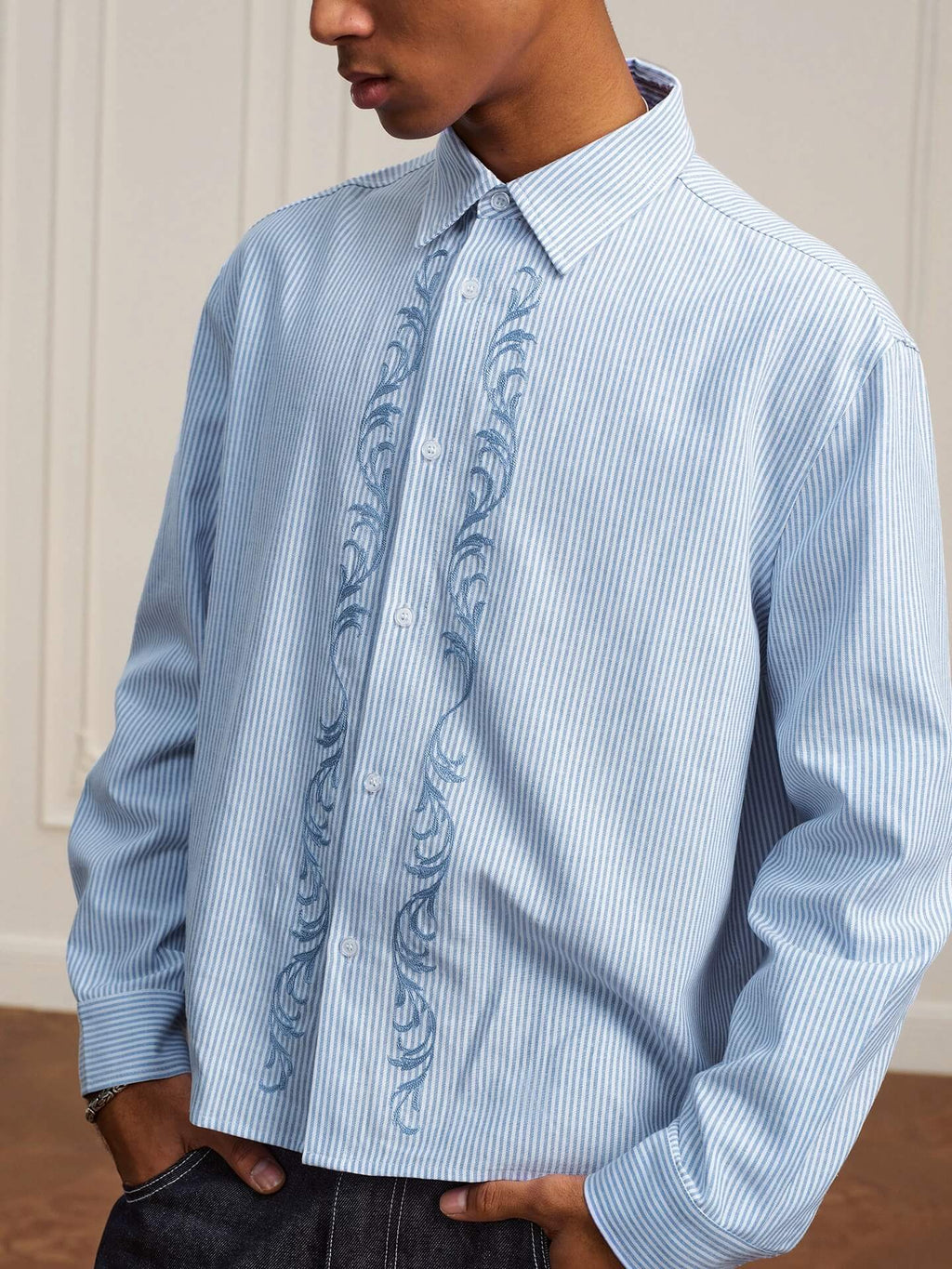 YADcrew Striped Embroidered Placket Button Up Long Sleeve Shirt