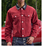 S45 Flocking Denim Pearl Button Leather Lapel Short Jacket