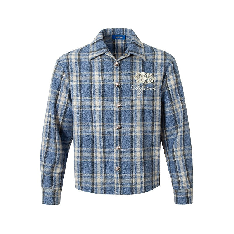 YADcrew Pearl-Embroidered Plaid Long-Sleeve Shirt