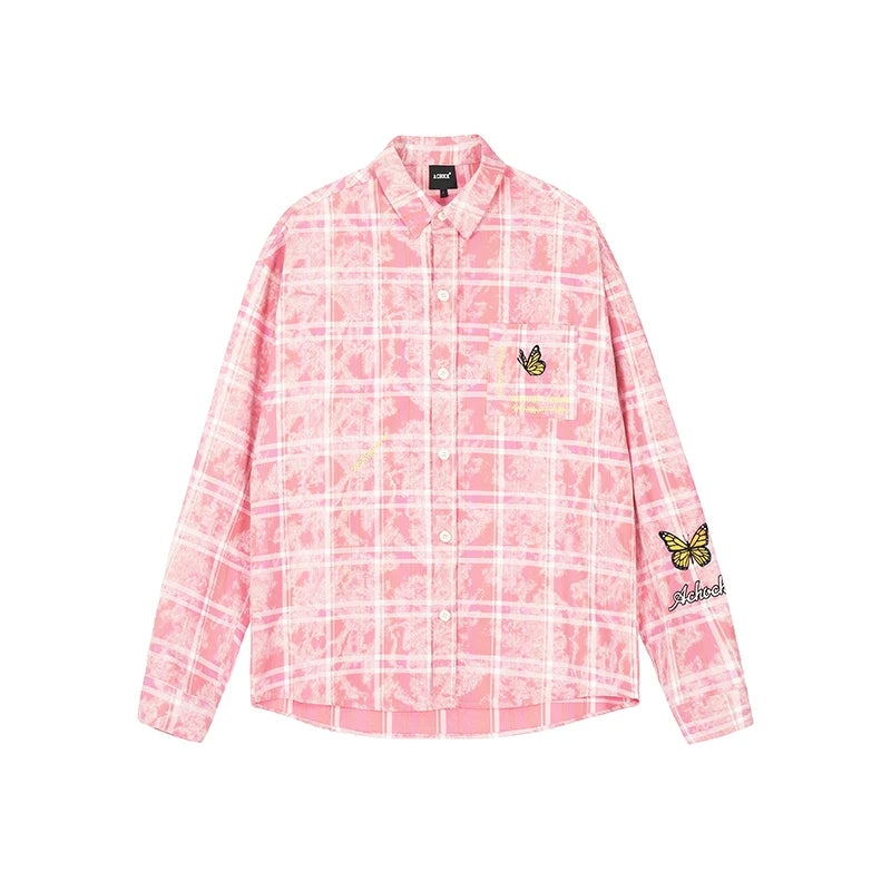 Achock Washed Plaid Butterfly Embroidery Long Sleeved Shirt