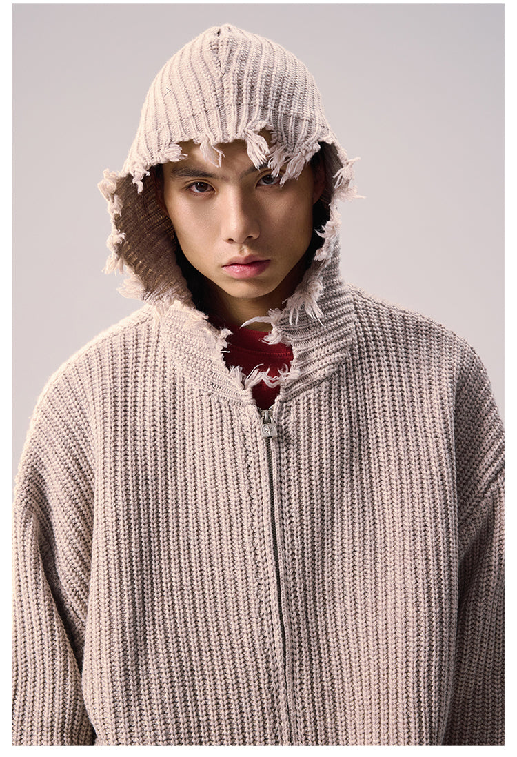 Remedy Distressed Hooded Zipper Knit Cardigan