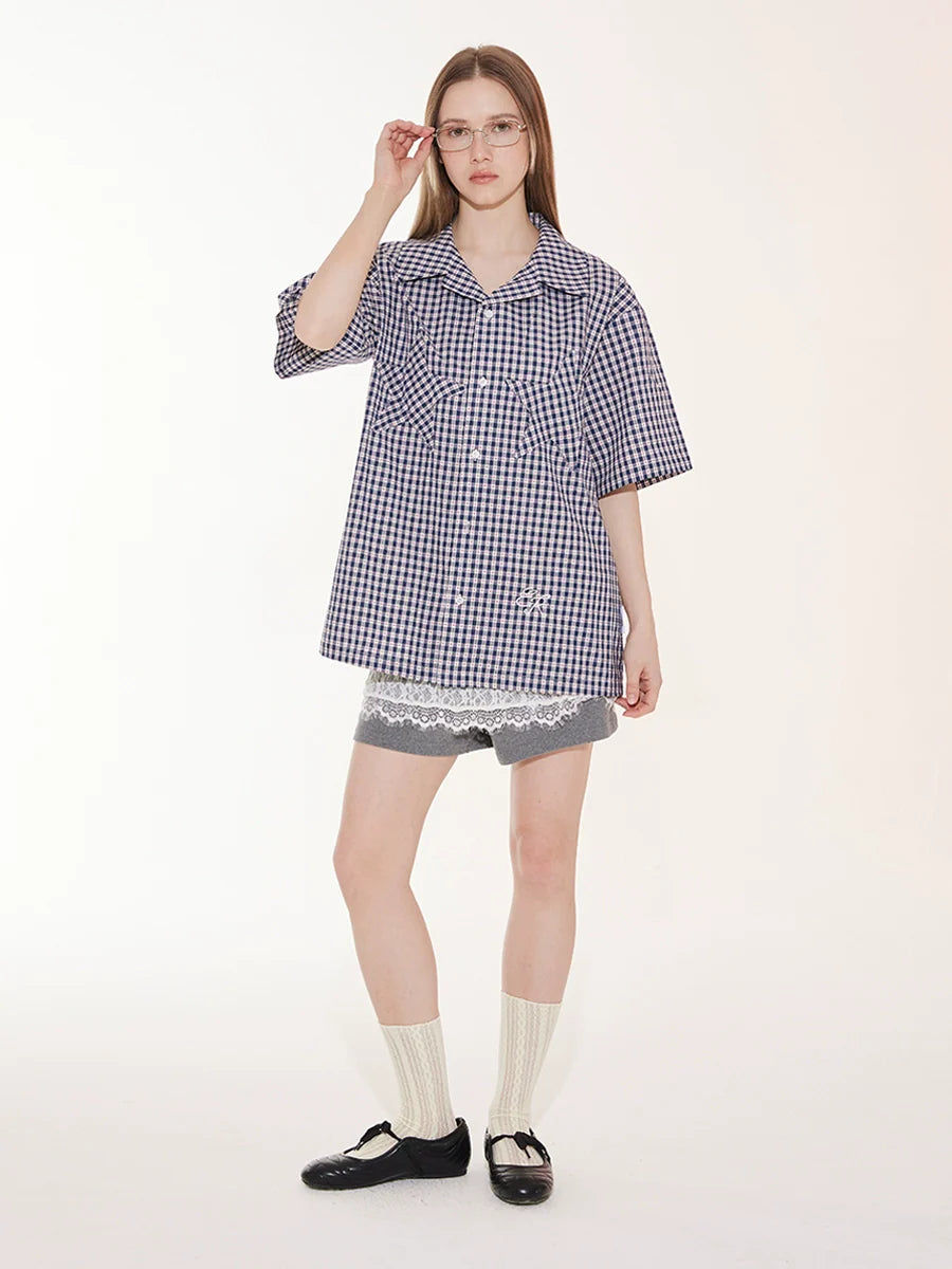 EMPTY REFERENCE Star Pocket Patchwork Plaid Short Sleeve Shirt