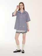 EMPTY REFERENCE Star Pocket Patchwork Plaid Short Sleeve Shirt