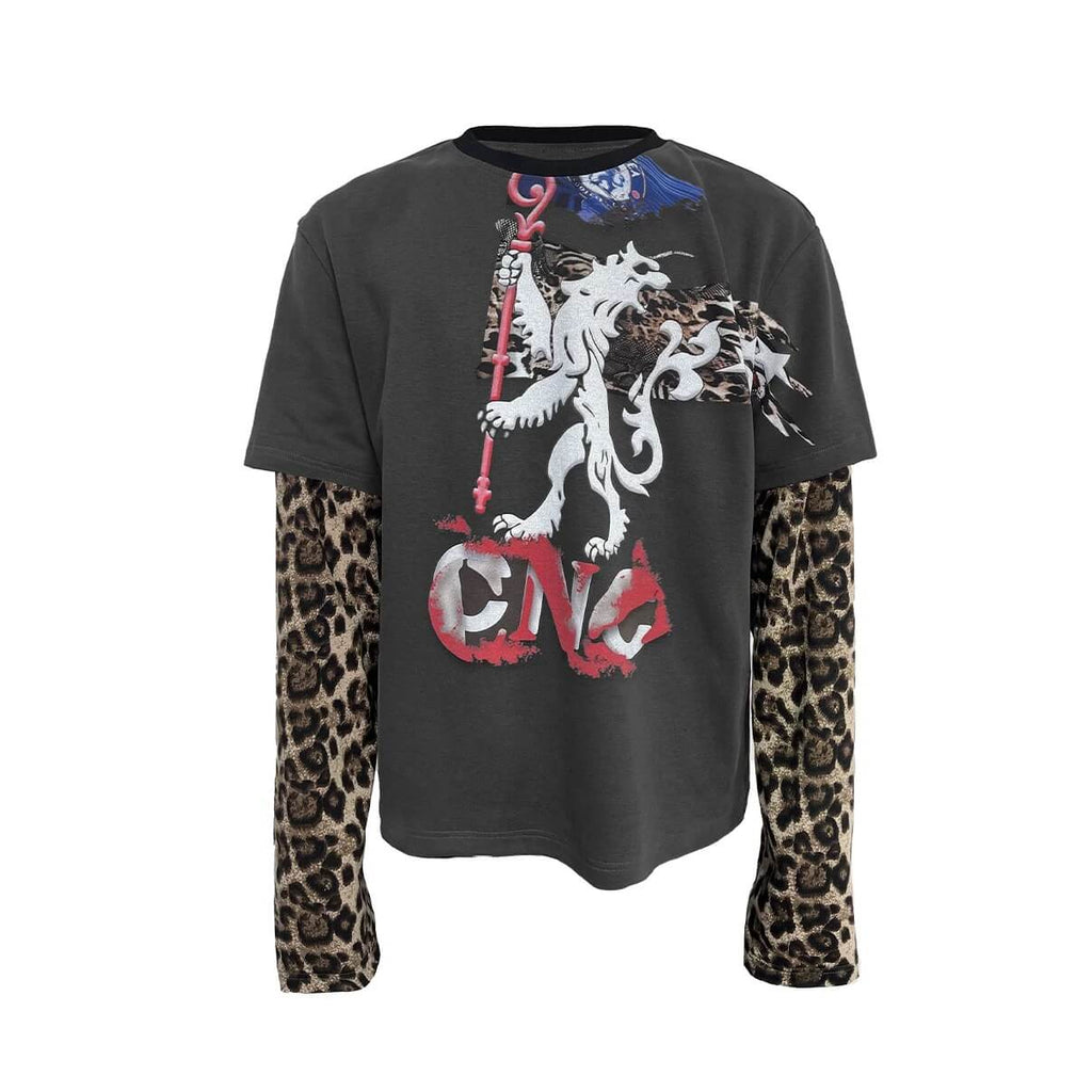Night Lab Lion Graphic Layered Leopard Sleeve Tee