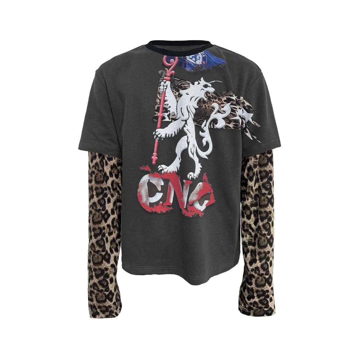 Night Lab Lion Graphic Layered Leopard Sleeve Tee