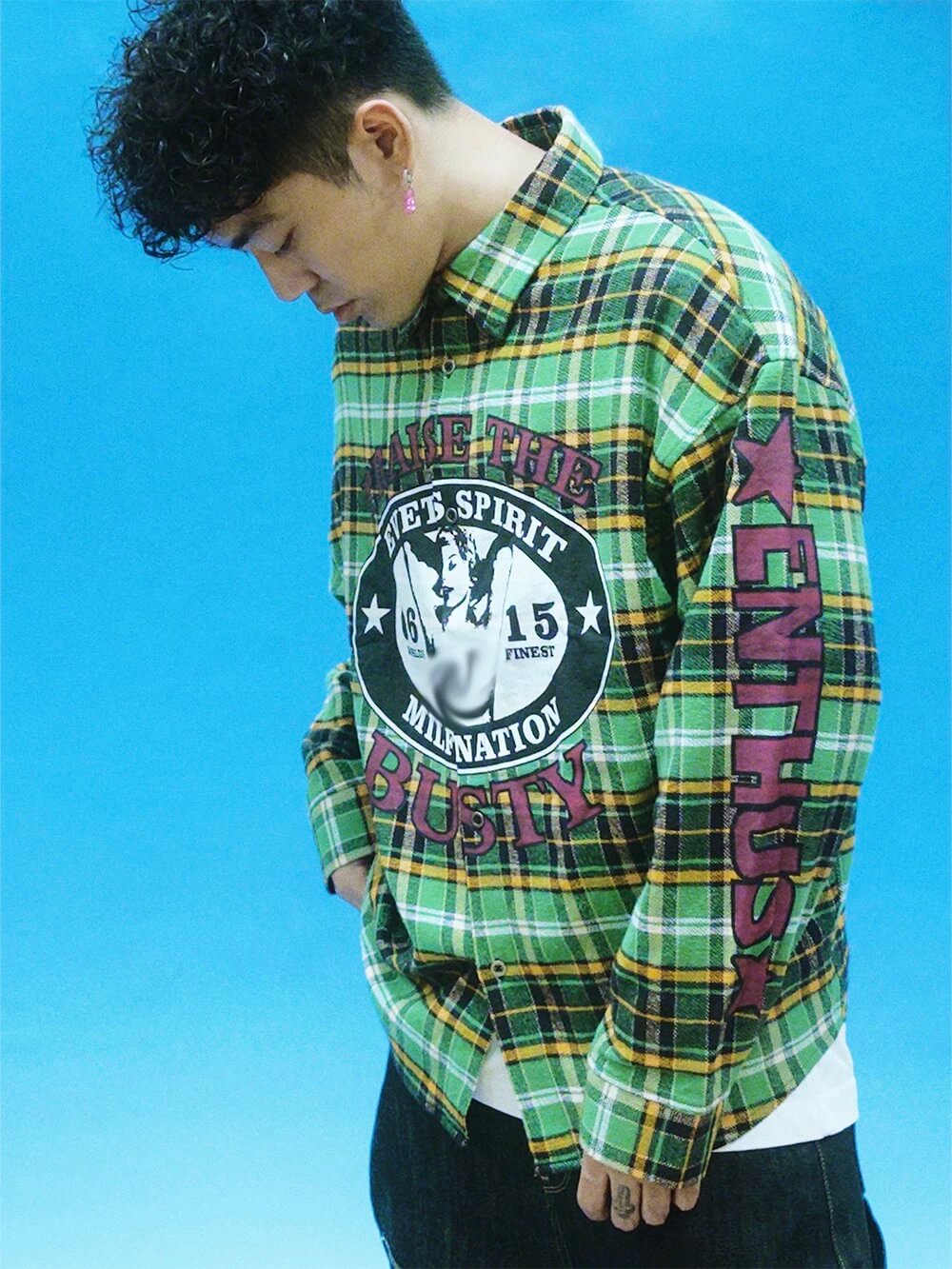 EVETS Plaid Color Block Graphic Long Sleeve Shirt