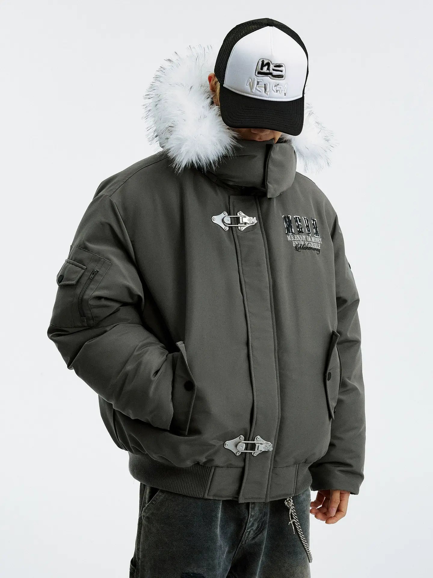 MEDM Detachable Fur Metal Snaps Down Jacket