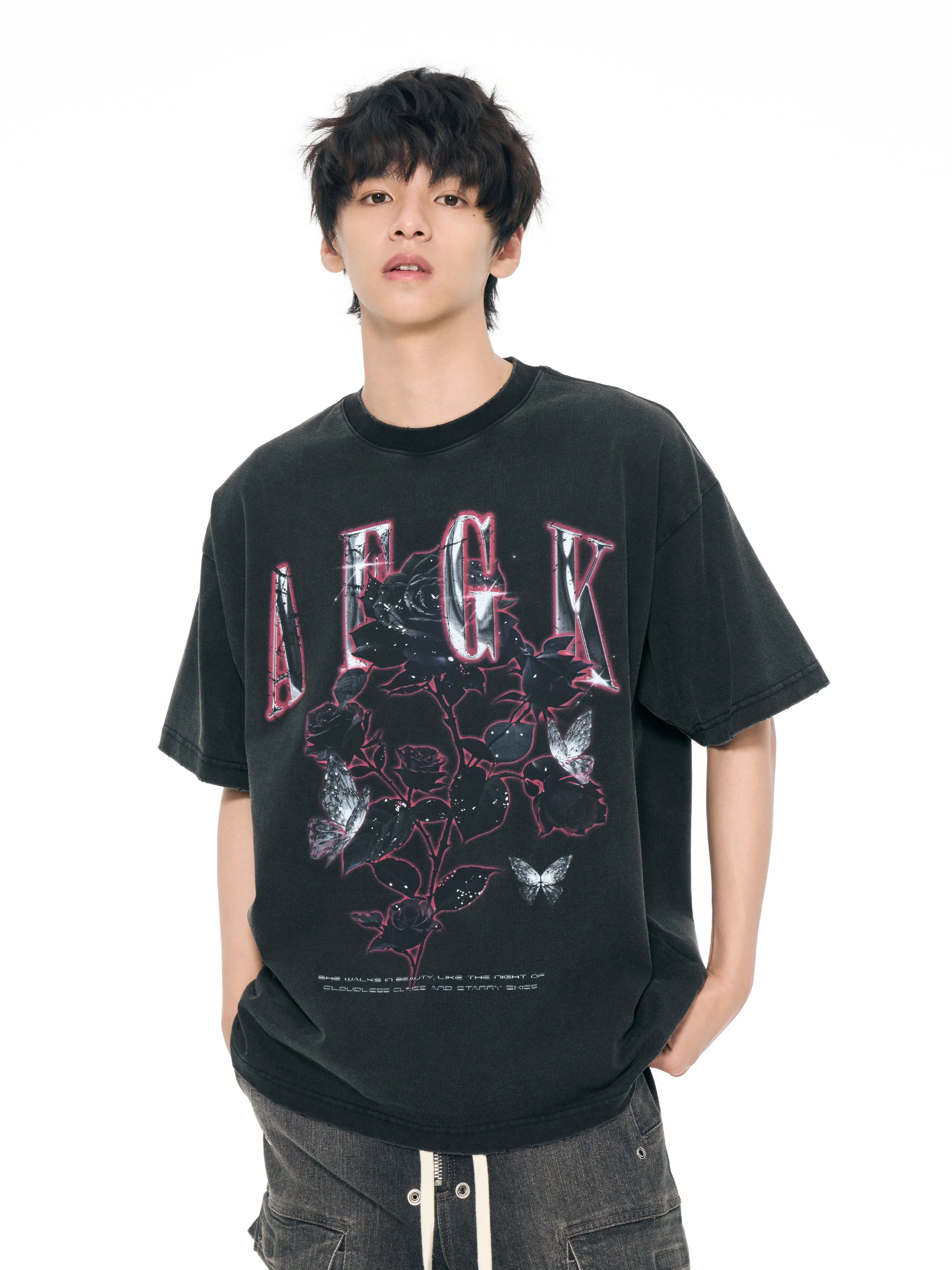 AFGK Metal Rose Print Distressed Washed Tee