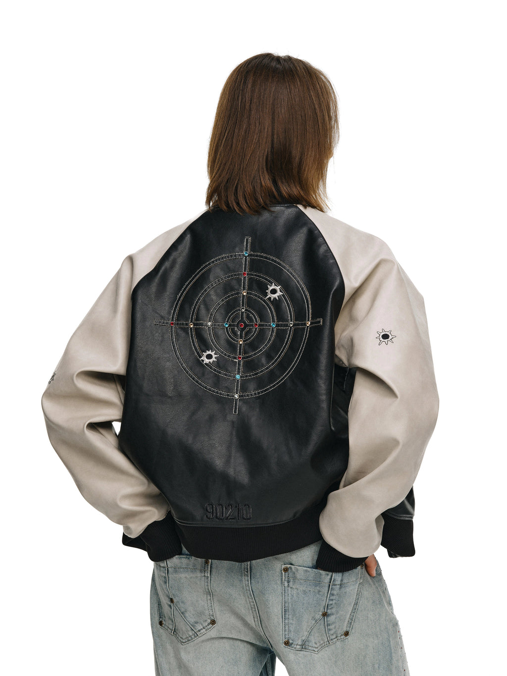 ANTIDOTE Bullseye Color Diamond Studded Leather Baseball Jacket