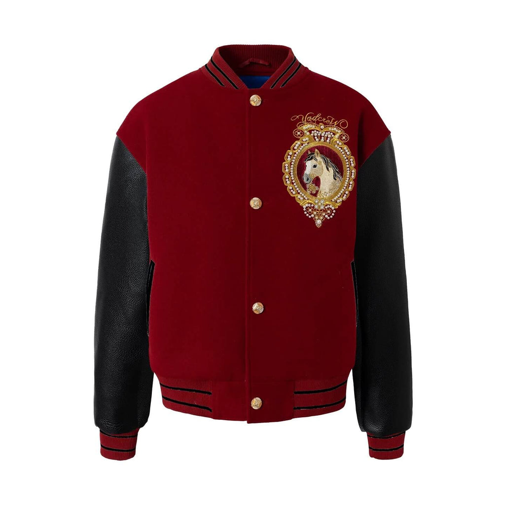 YADcrew Horse Sequin Pearl Embroidered Varsity Jacket