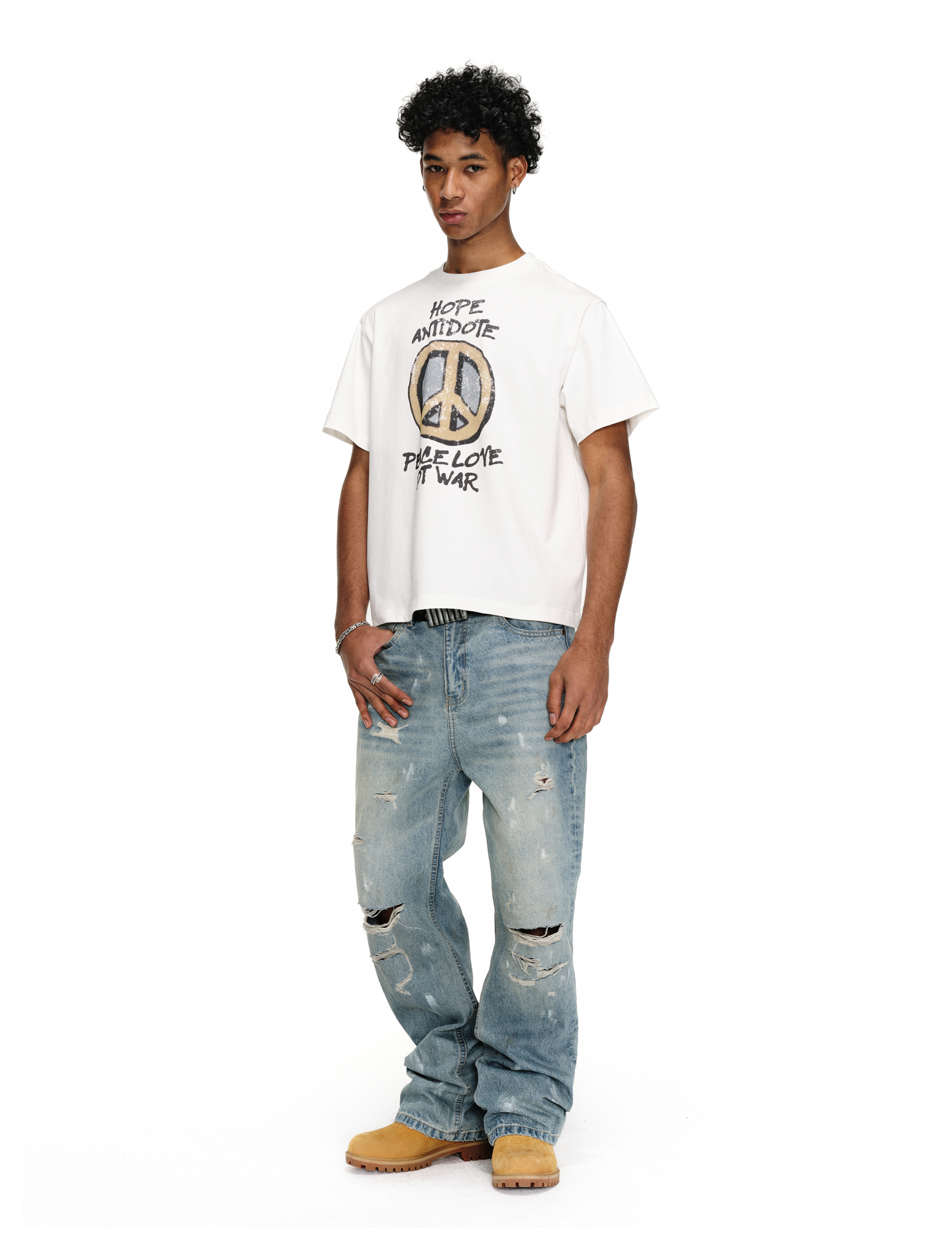 ANTIDOTE Washed Ripped Holes Light Blue Flared Jeans