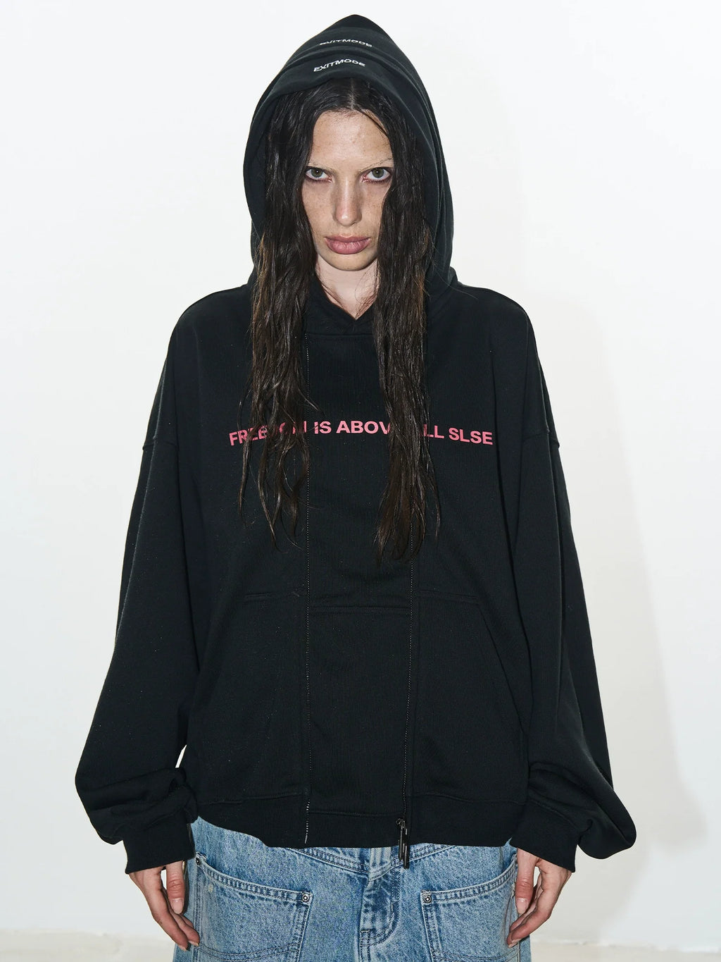 BLIND NO PLAN Double-Layer Patchwork Zipper Printed Hoodie