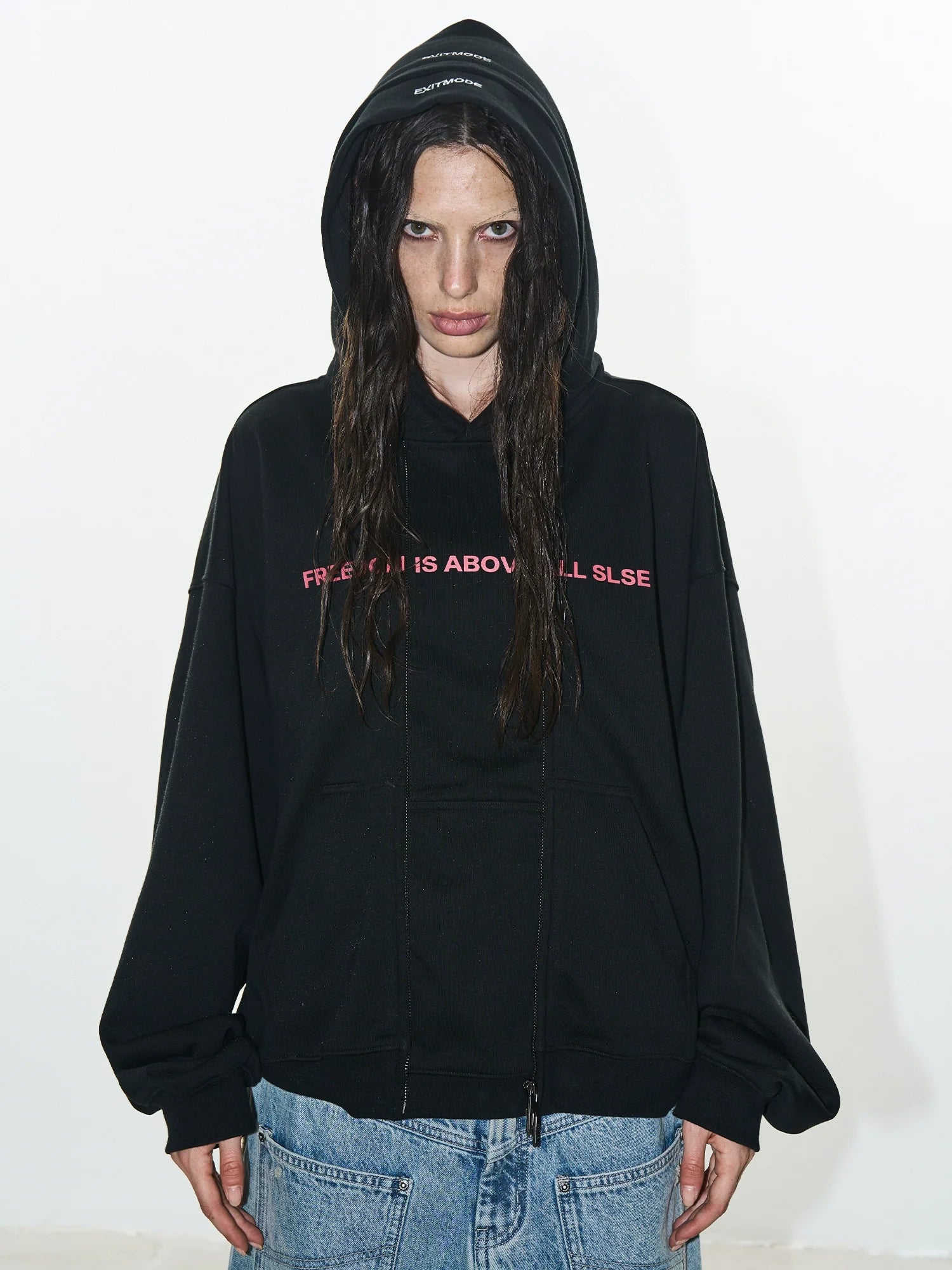 BLIND NO PLAN Double-Layer Patchwork Zipper Printed Hoodie