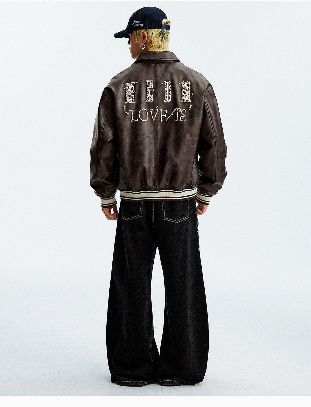 MEDM Leopard Patch Pearl PU Leather Varsity Jacket
