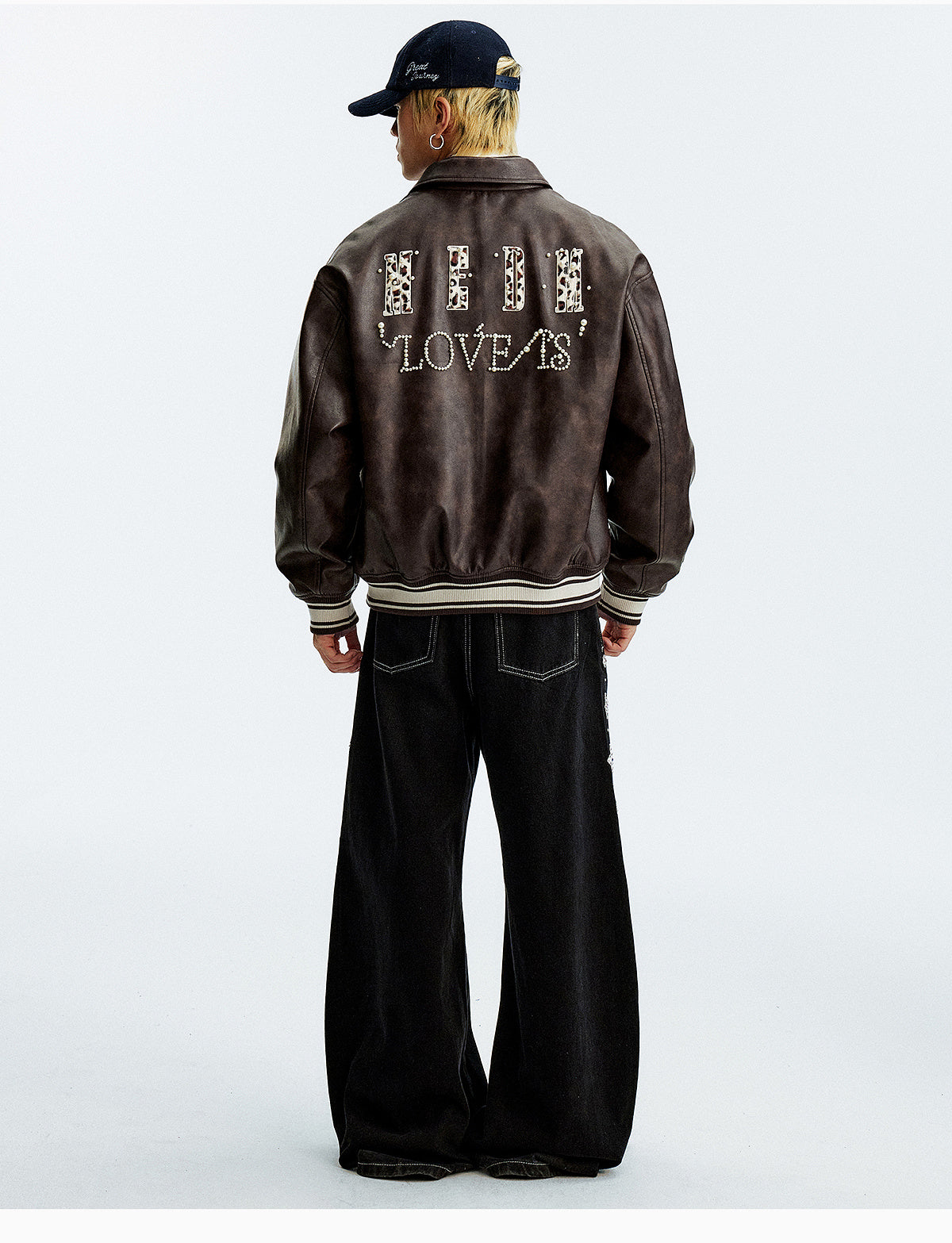 MEDM Leopard Patch Pearl PU Leather Varsity Jacket
