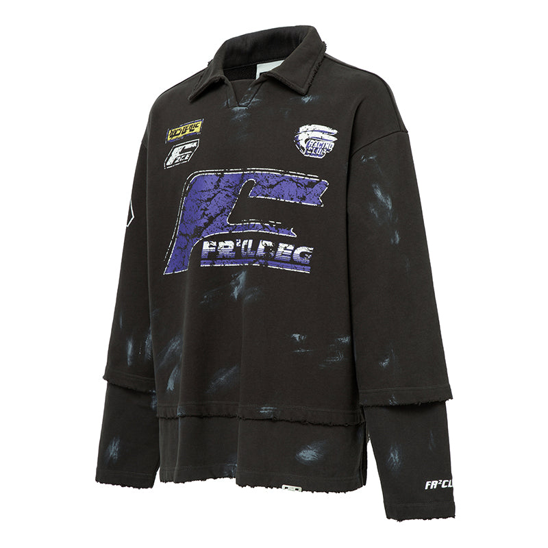F2CE Fake Two Piece Frayed Overlay Racing Polo Sweatshirt