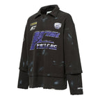 F2CE Fake Two Piece Frayed Overlay Racing Polo Sweatshirt