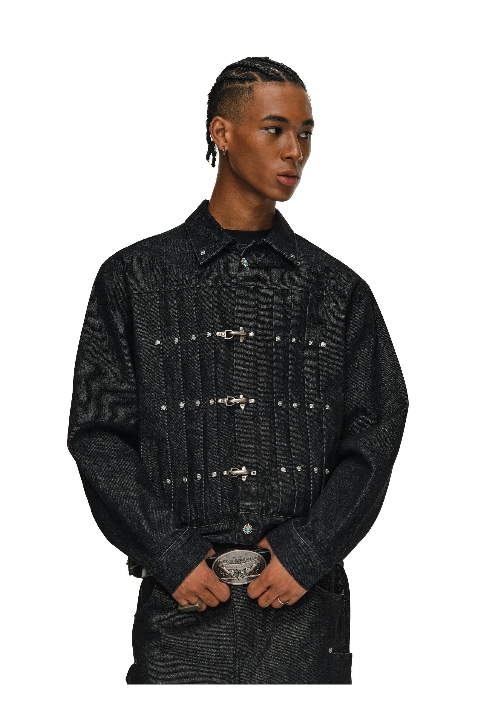 ANTIDOTE Turquoise Studded Pleated Buckle Denim Jacket
