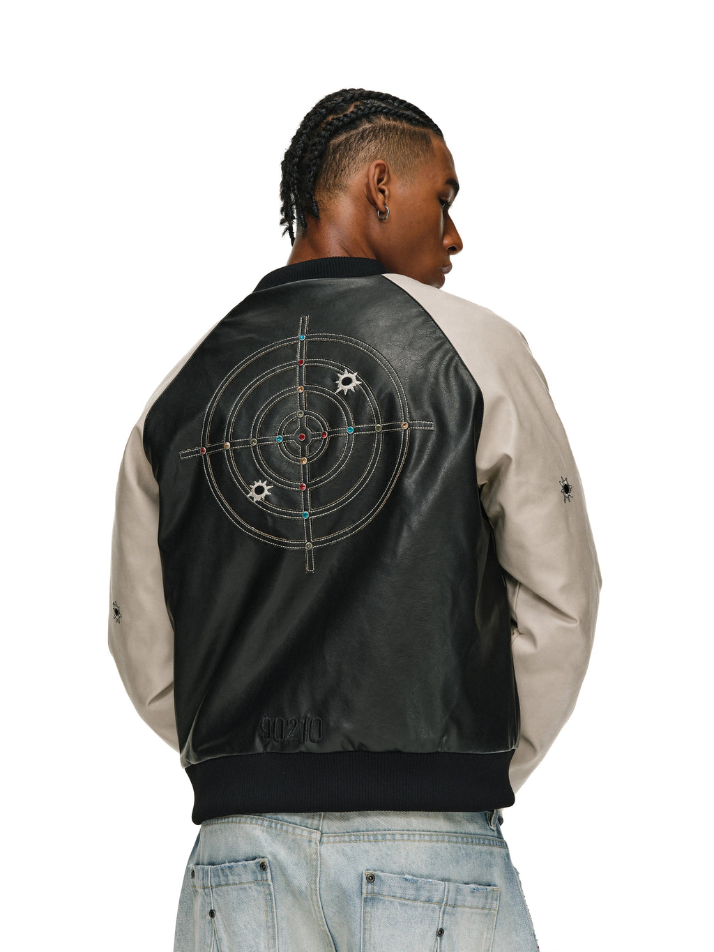 ANTIDOTE Bullseye Color Diamond Studded Leather Baseball Jacket