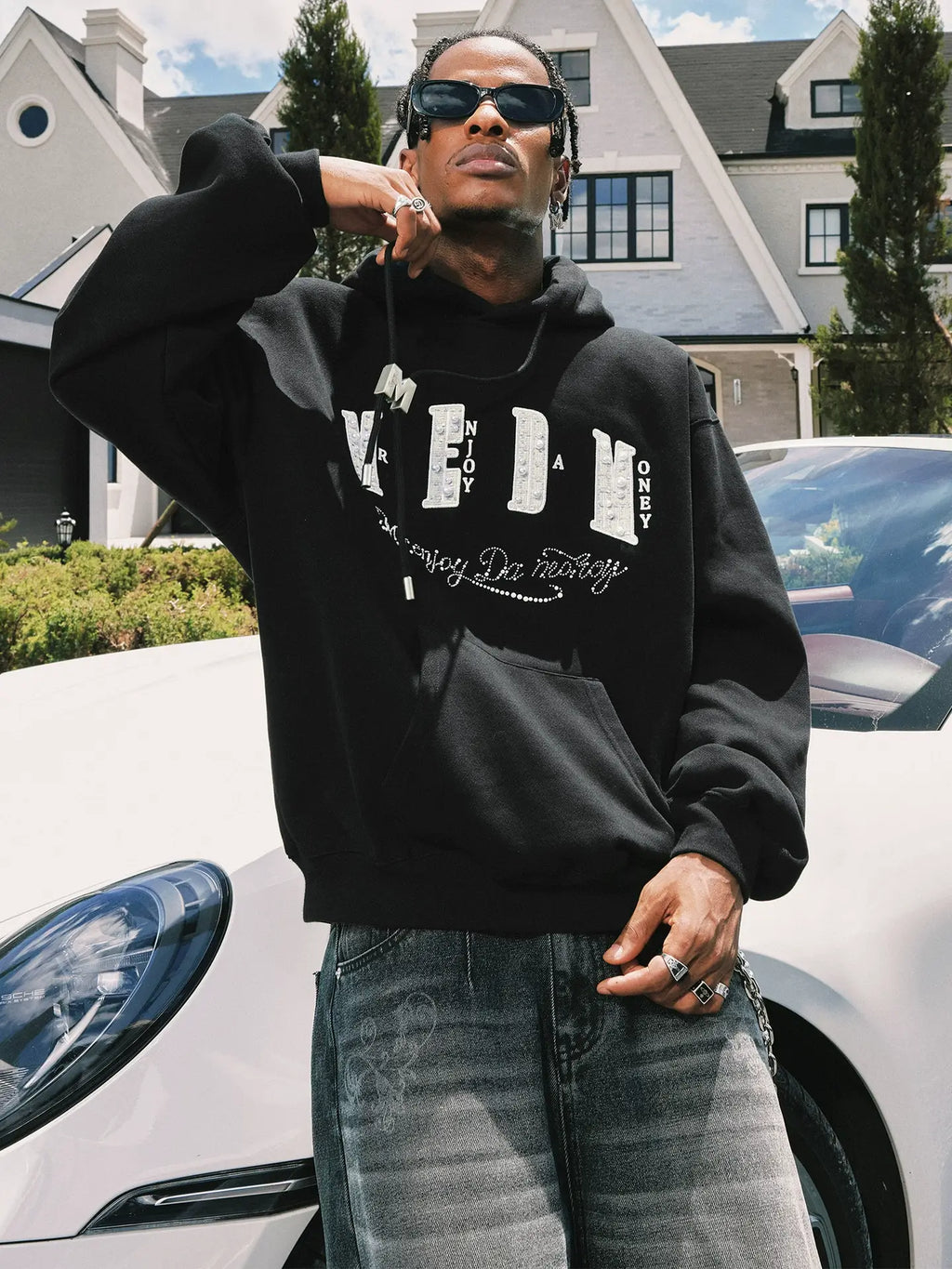 MEDM M Buckled Drawstring Pearl Logo Embroidered Hoodie
