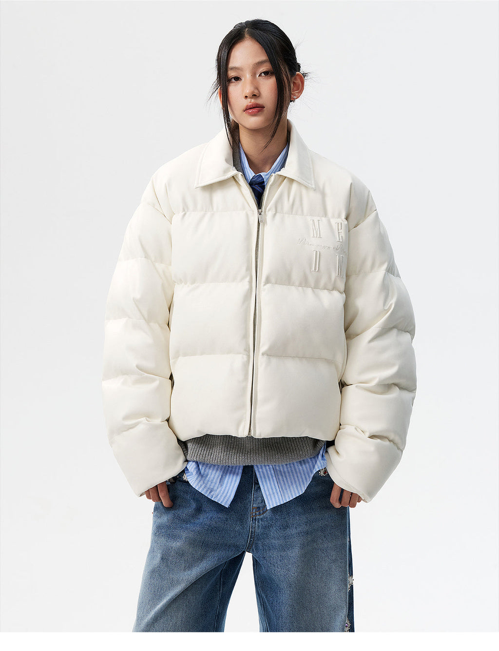 MEDM PU Leather 3D Embroidered Puffer Jacket