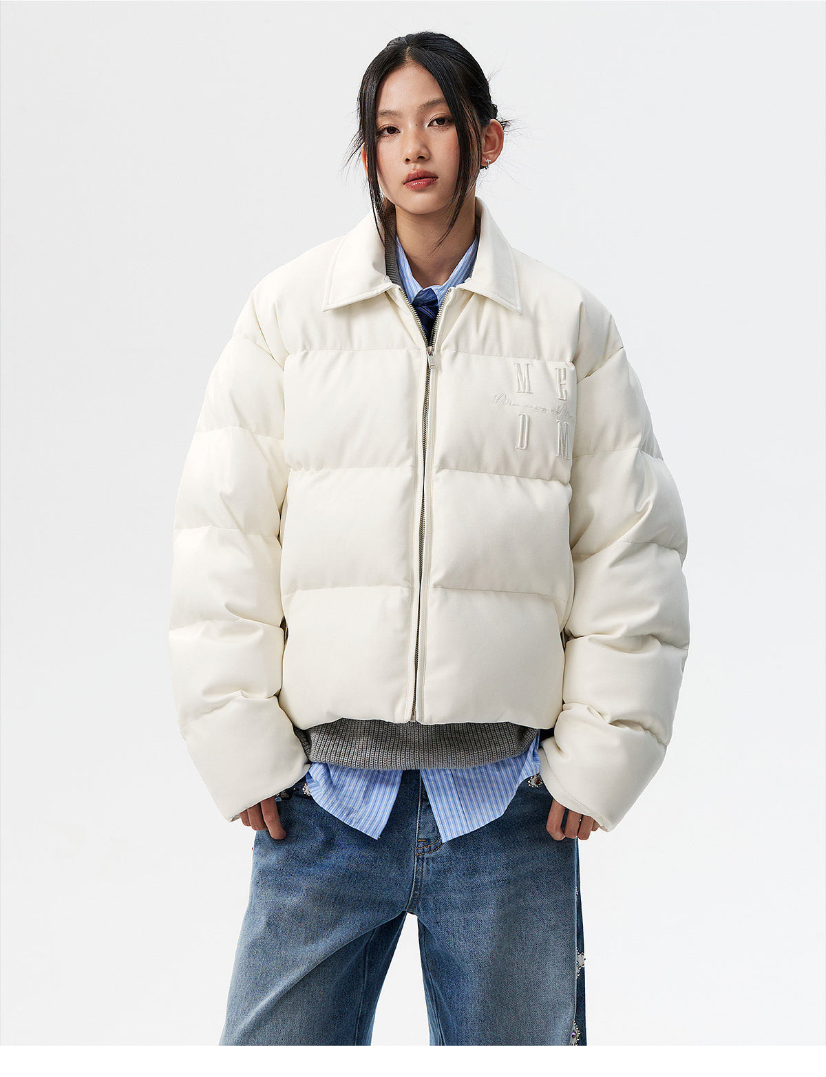 MEDM PU Leather 3D Embroidered Puffer Jacket