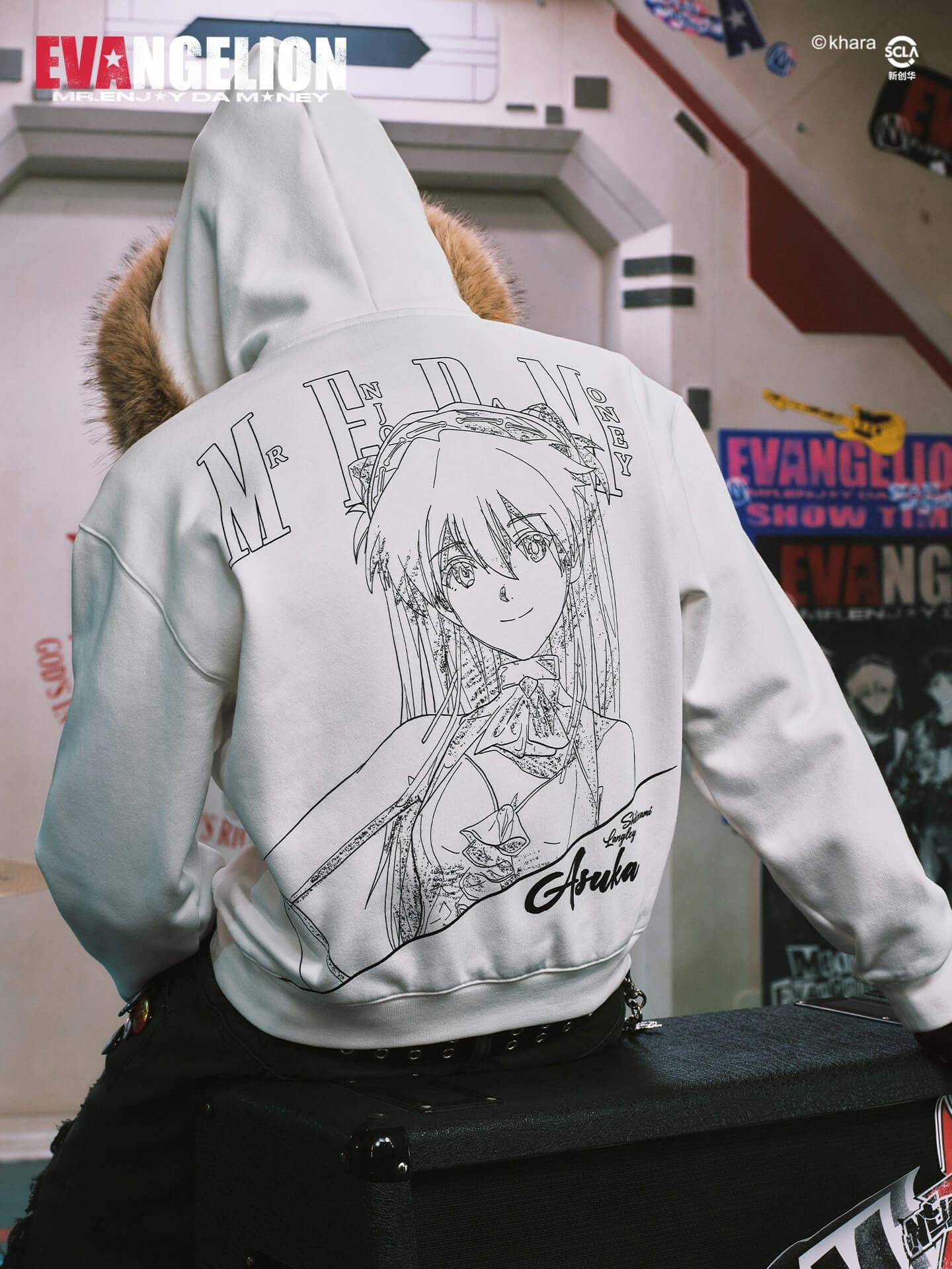 MEDM x EVA NEVER END Character Print Logo Embroidered Fur Hood Zip Up Hoodie