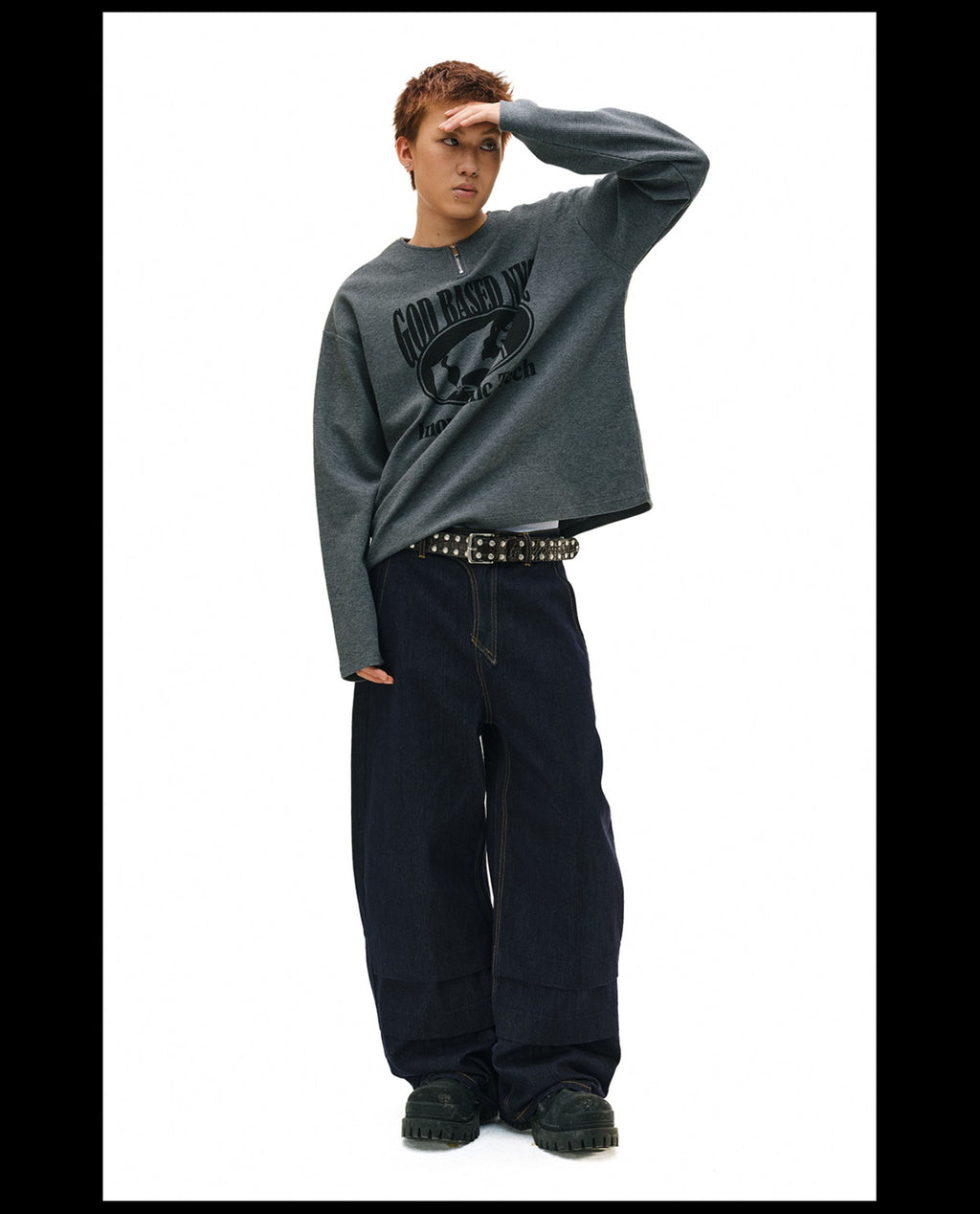 NOVACAM Waffle Vintage Print Zip Long Sleeve Tee